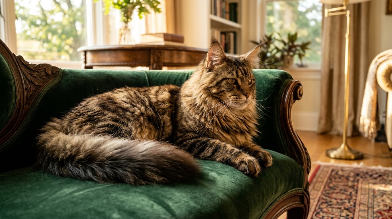 Majestic adult Maine Coon cat with bushy tail lounging peacefully